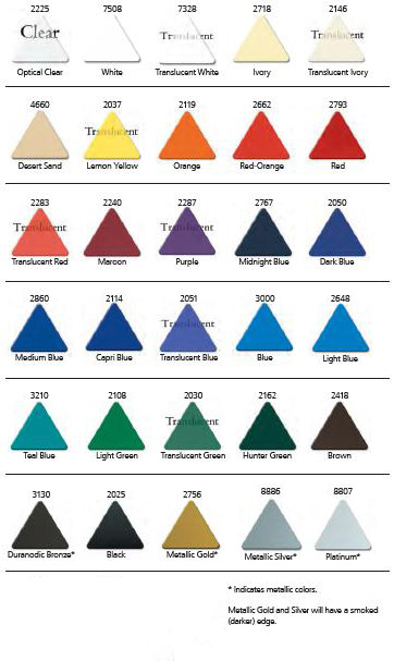 Plastic Sign Letter Colors for letter thickness up to 1/4 inch